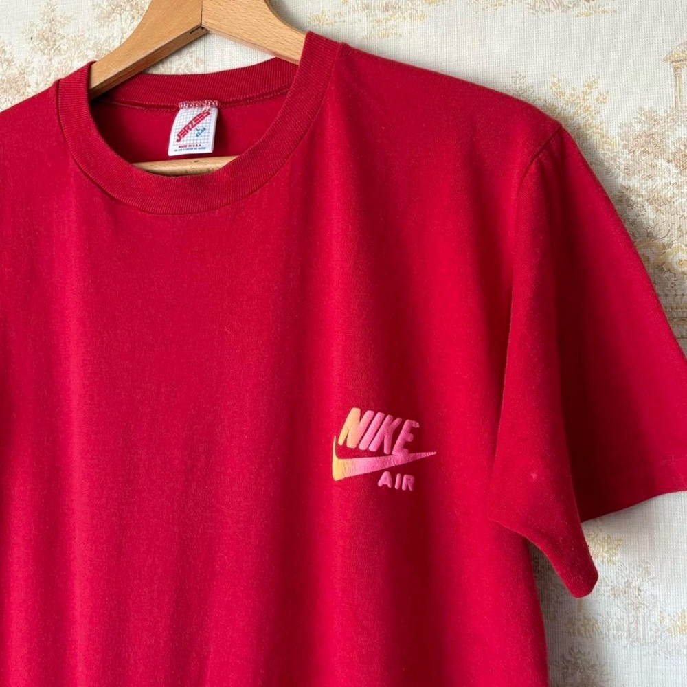 Vintage 80s Nike Air red with pink and yellow puff print logo boot tee L